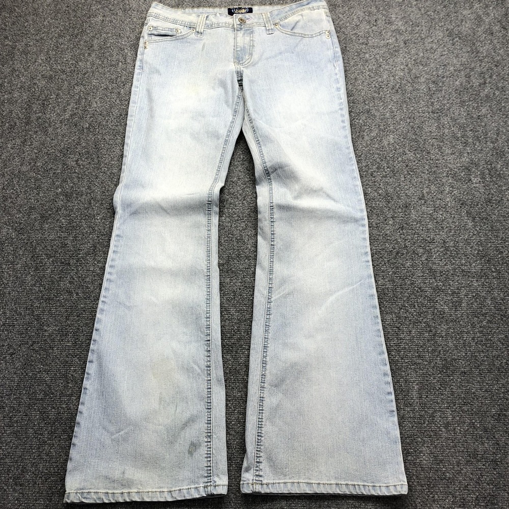 y2k Angels Jeans Juniors 11 Blue Light Wash Flare Embroidered Rhinestone Denim